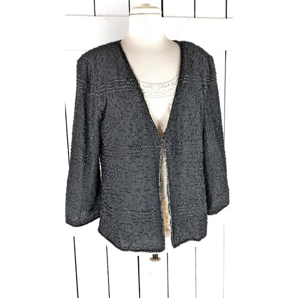 90s vintage black beaded cover up evening blazer jacket XL - Picture 4 of 6